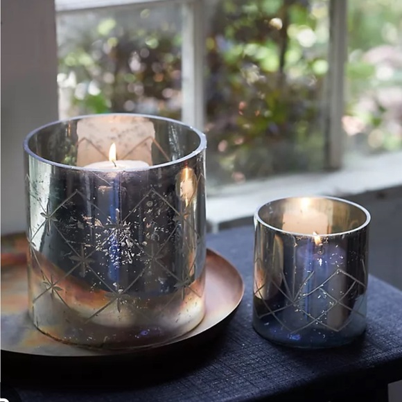 Mercury Glass Diamond Etched Set of 2 hurricane candle holders - Picture 3 of 15